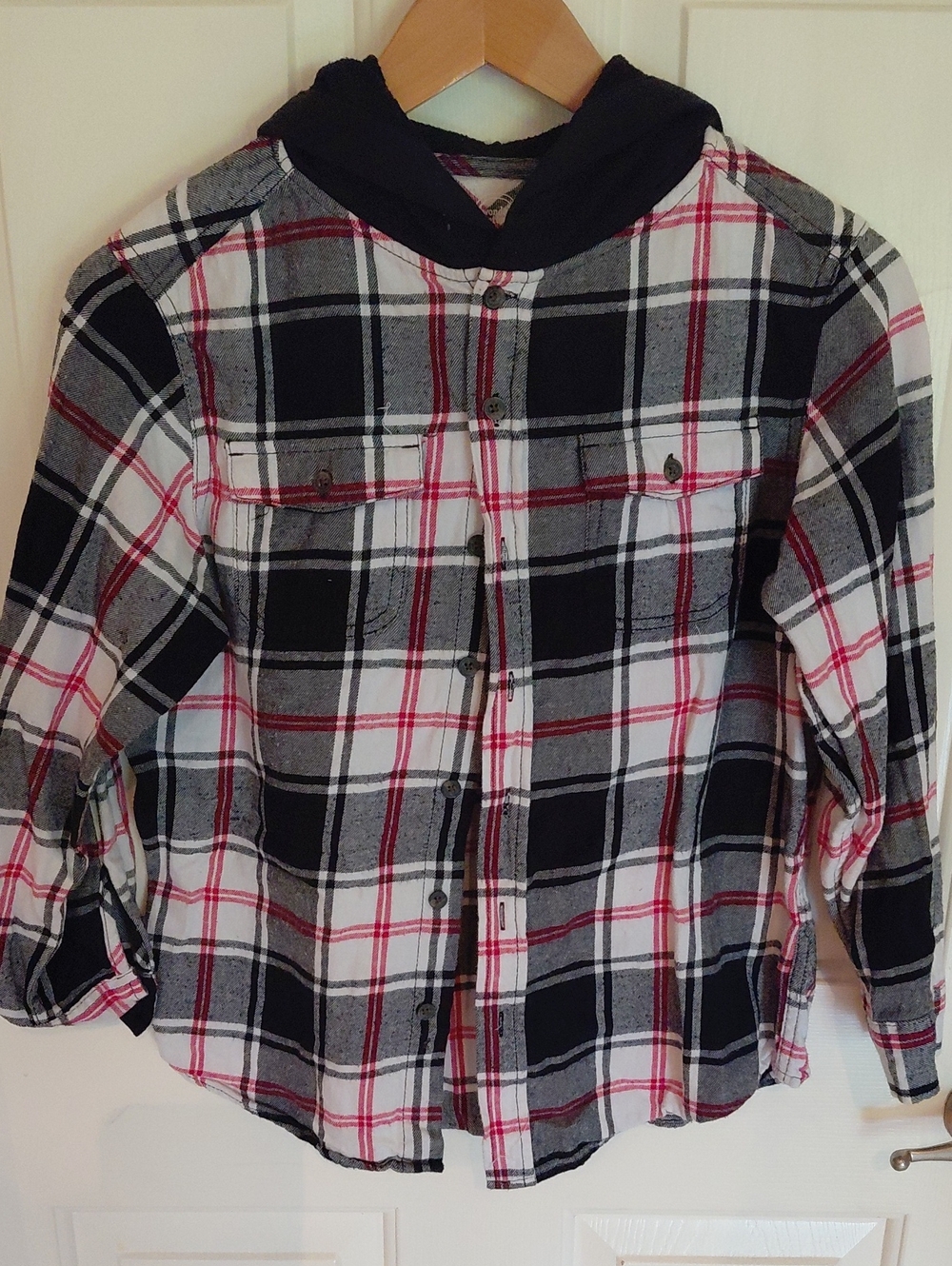 wonder nation Black, White & Red Plaid Hooded Button-Down Shirt